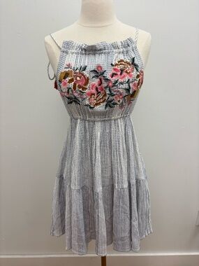 THML Striped White Mini Dress with Pink & Green Floral Embroidery